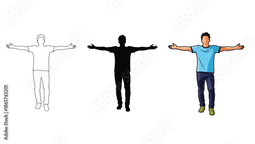 Set of three representations of a man standing with arms outstretched outline drawing, black silhouette and full color illustration