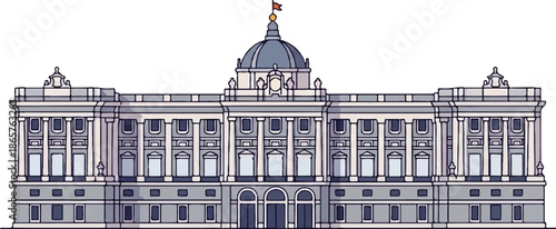 Ornate neoclassical building with dome, colonnades, and arched entrances