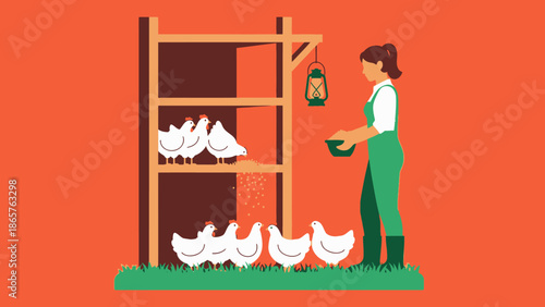 Woman Feeding Chickens in a Coop.