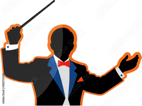 Conductor in tuxedo with baton, leading unseen orchestra