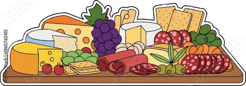 A vibrant illustration of a cheese and charcuterie board with various fruits and crackers
