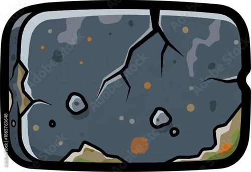 A cracked, weathered rock with mineral inclusions and rugged edges