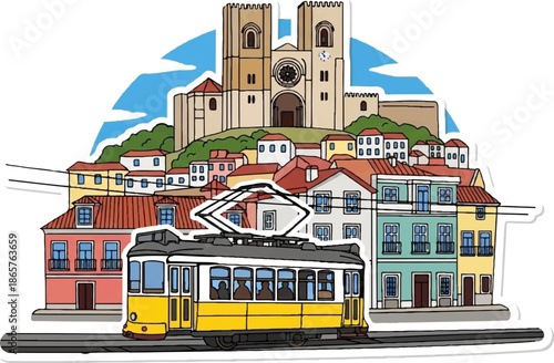 A vibrant illustration of a historic European city, featuring a yellow tram