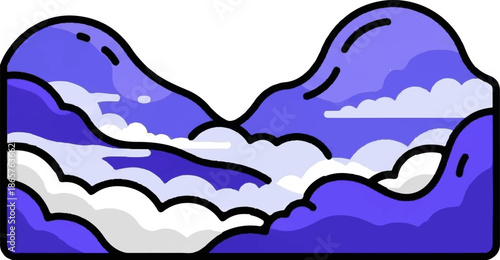 Stylized purple mountains and clouds in a simple, graphic style