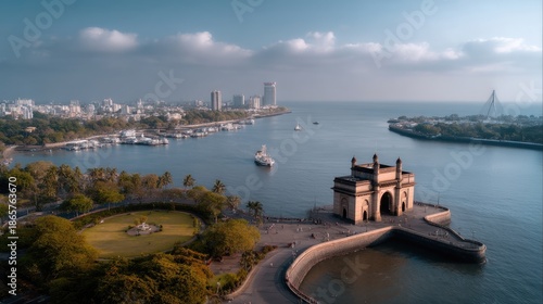 Aerial View of Gateway of India with Blue Sky Over Mumbai Cityscape and Seaside Parks