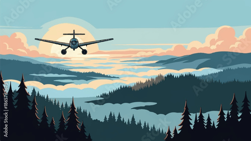 Small plane flies over misty mountain ranges at sunrise