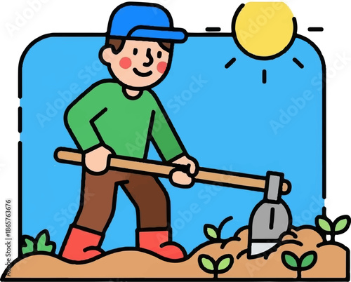 Farmer tilling soil under bright sun with plants growing
