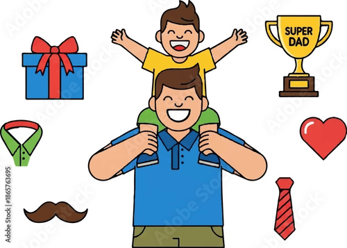 A father carries his son on his shoulders, surrounded by gifts and symbols of appreciation