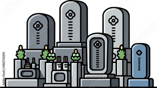 A cluster of grey and blue tombstones, some adorned with floral symbols and script, sit amidst small green plants