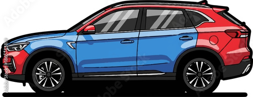 A side view illustration of a modern SUV with a unique two-tone paint job, featuring blue front and red rear sections