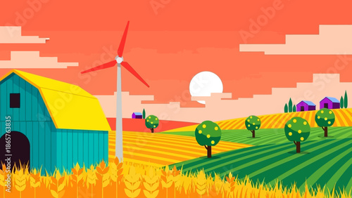 Sustainable farm landscape with wind turbine and barn at sunset.