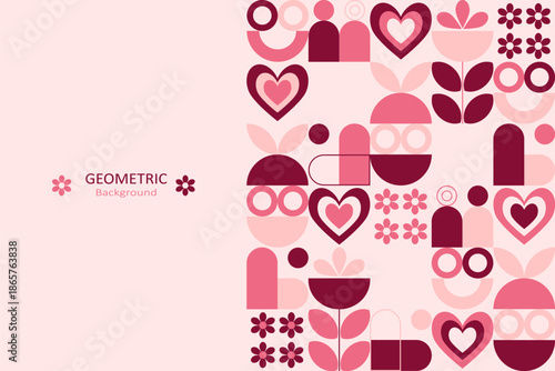 Geometric Valentine background with hearts, flowers, and abstract shapes in soft pink and red tones, leaving clean space for text, perfect for banners and romantic designs