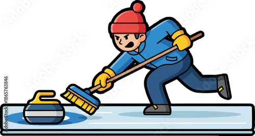 Cartoon person in winter gear sweeping ice with a broom for a curling stone