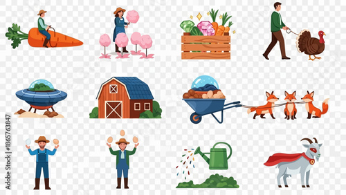 Farm and agriculture icons set with animals and farmer activities.