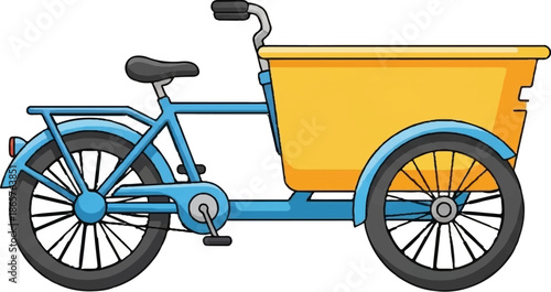 A blue cargo bicycle with a yellow box in front for transport