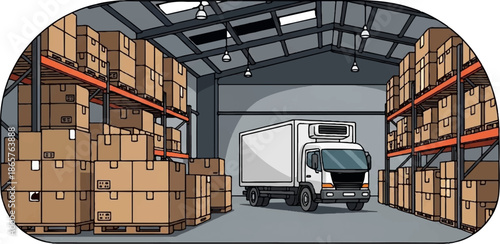 Interior of a large warehouse filled with stacks of cardboard boxes on metal shelving, with a refrigerated truck parked inside