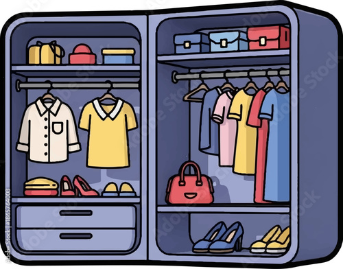 A cartoon wardrobe filled with neatly organized clothes, shoes, and accessories