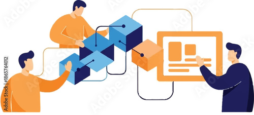 Figures interact with blocks and a digital display, symbolizing collaboration and technology