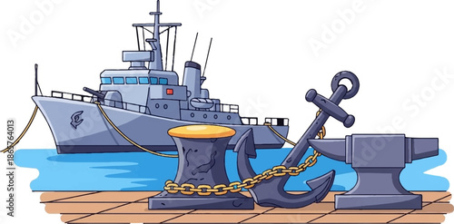 Gray ship docked with anchor, bollard, and anvil on a pier