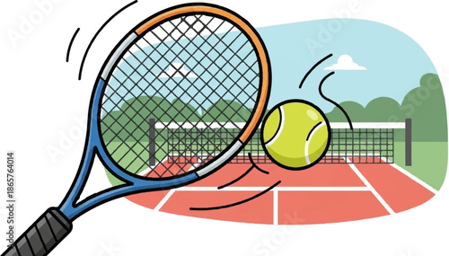 Tennis racquet swings at ball on court with net, trees, and sky