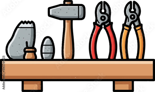 A wooden shelf holds assorted crafting and repair tools including a hammer and pliers