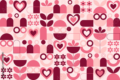 Playful geometric valentine pattern with hearts, flowers, and abstract shapes in pink and red tones, perfect for romantic backgrounds, wrapping paper, and modern love-themed designs.
