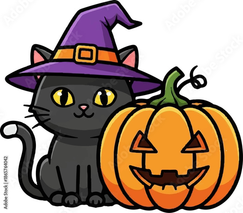 Cute black cat wearing a witch hat sits beside a carved jack-o-lantern