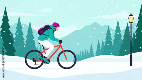 Person Riding a Bicycle in a Snowy Landscape.