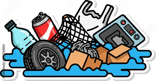 A collection of discarded items, including a tire, plastic bottle, can, boxes, and bags, floating in blue liquid