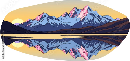 Pixelated mountains reflected in calm water under a setting sun