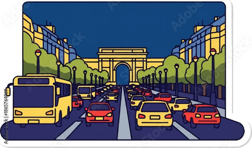 Busy street scene with cars, bus, and an archway in the distance