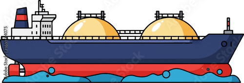 A blue and red cargo ship with yellow spherical tanks floats on blue water