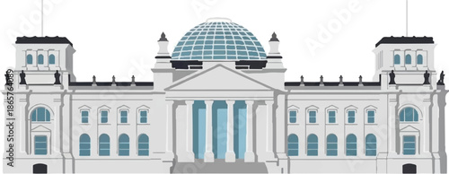 Striking minimalist illustration of a grand government building with a glass dome