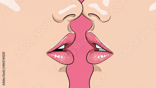 Close-up illustration of two sets of lips, pink and glossy, about to meet