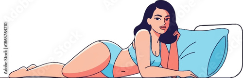 Stylized illustration of a woman in blue lingerie reclining on a pillow