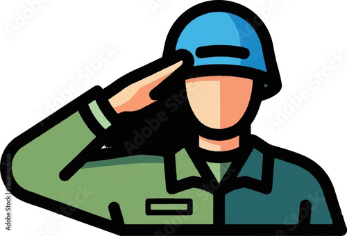 A stylized, flat illustration of a person in a military uniform, saluting