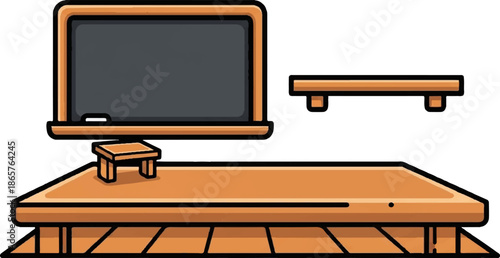 A classroom scene with a blackboard, desk, and small stool