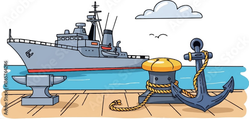 A cartoon naval ship is docked at a pier with a large anchor and a bollard
