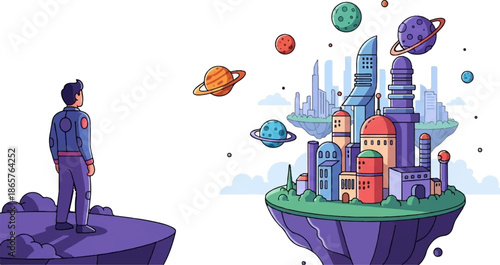 Astronaut gazes at floating islands with alien cityscape & planets