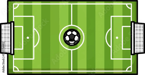 Overhead view of a soccer field with a ball at midfield, goalposts on sides