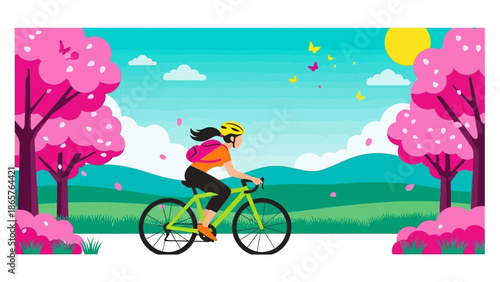 Woman cycling on a scenic road surrounded by blooming trees.