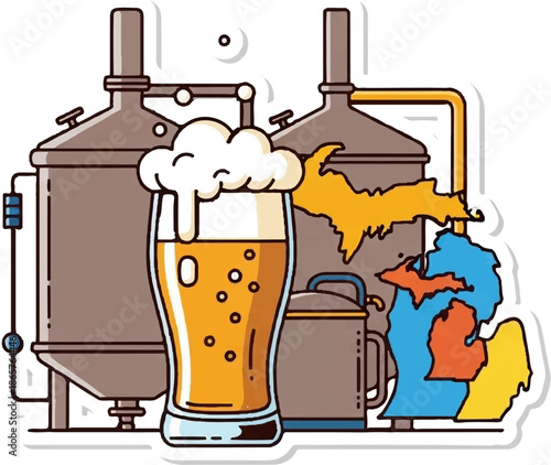 Beer brewing equipment with a frothy glass of amber beer and state maps