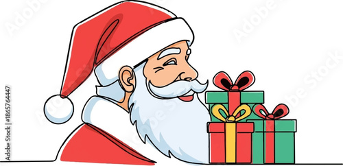 Cheerful Santa Claus with colorful gift boxes, festive celebration, holiday spirit, jolly character, winter season, red hat, white beard, seasonal greetings