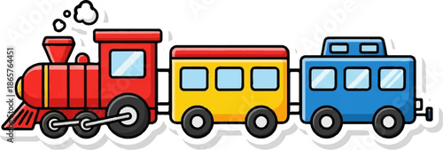 Cartoon train with red engine, yellow, and blue cars puffing smoke