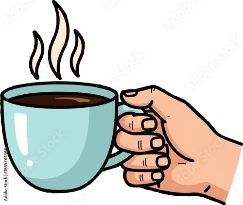 A light blue mug with hot, dark liquid held by a hand, steam rising