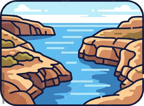 Stylized coastal landscape with calm blue water and rocky shores under a cloudy sky