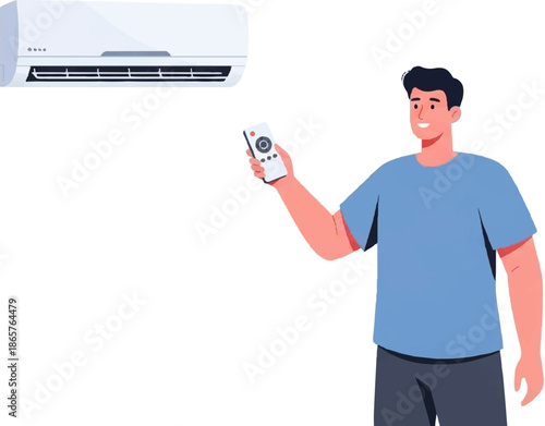Man using remote control for air conditioner