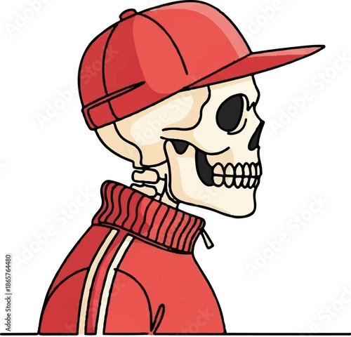 Cartoon skeleton wearing a red cap and tracksuit