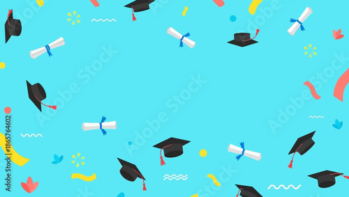 Graduation caps and diplomas on a blue background with confetti.