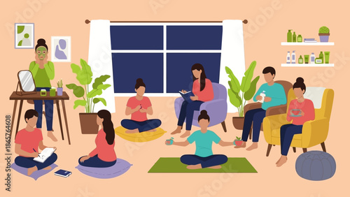 Group of people meditating and practicing yoga together in a serene living room.